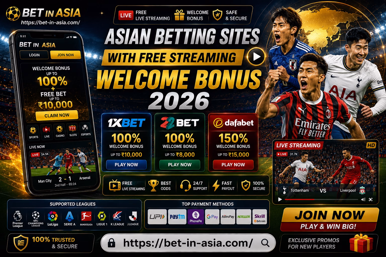 Asian Betting Sites with Free Streaming + Welcome Bonus (1xBet, 22Bet, Dafabet)