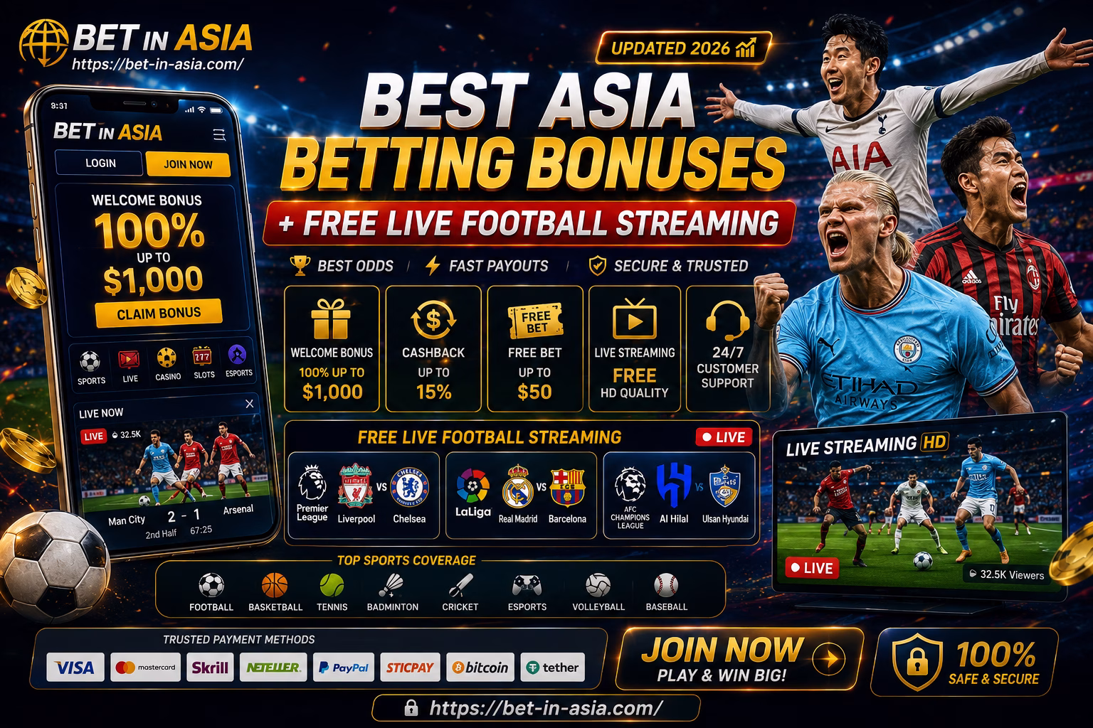 Best Asia Betting Bonuses + Free Live Football Streaming (Updated 2026)