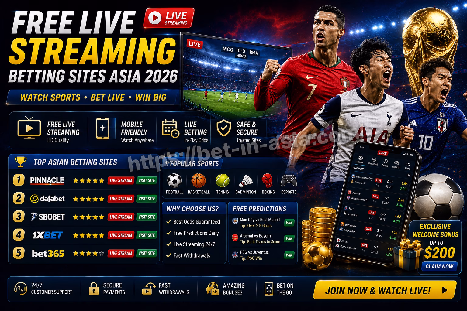 Free Live Streaming Betting Sites Asia 2026 Watch Sports + Claim Betting Bonuses