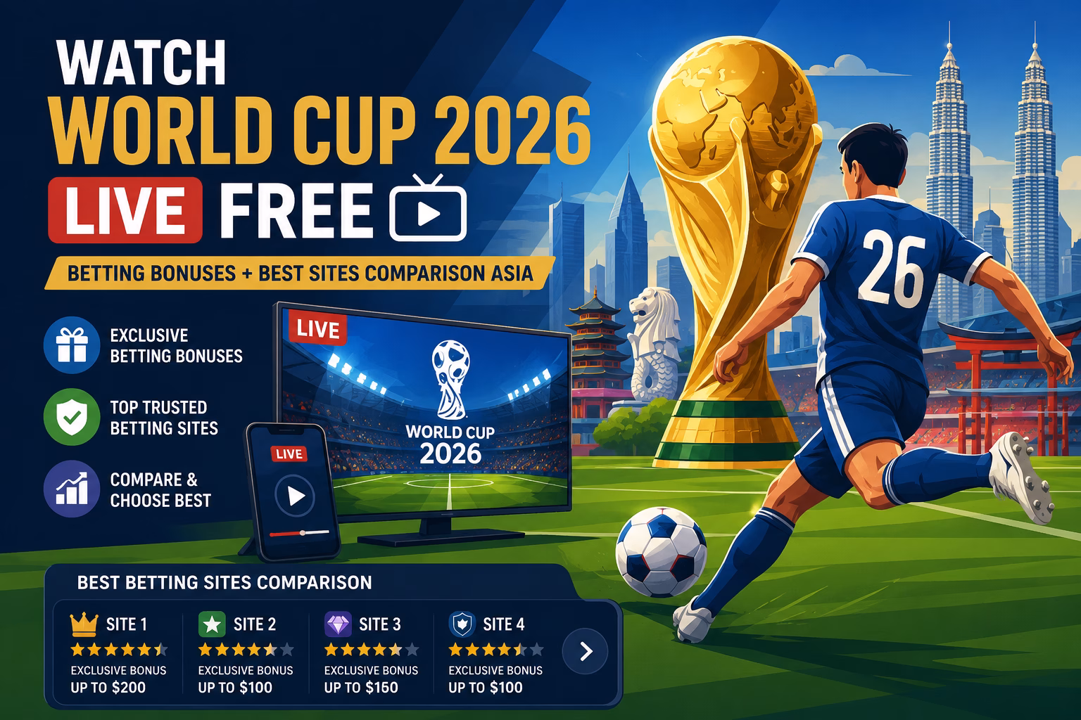 Watch World Cup 2026 Live FREE Claim Betting Bonuses + Best Sites Comparison