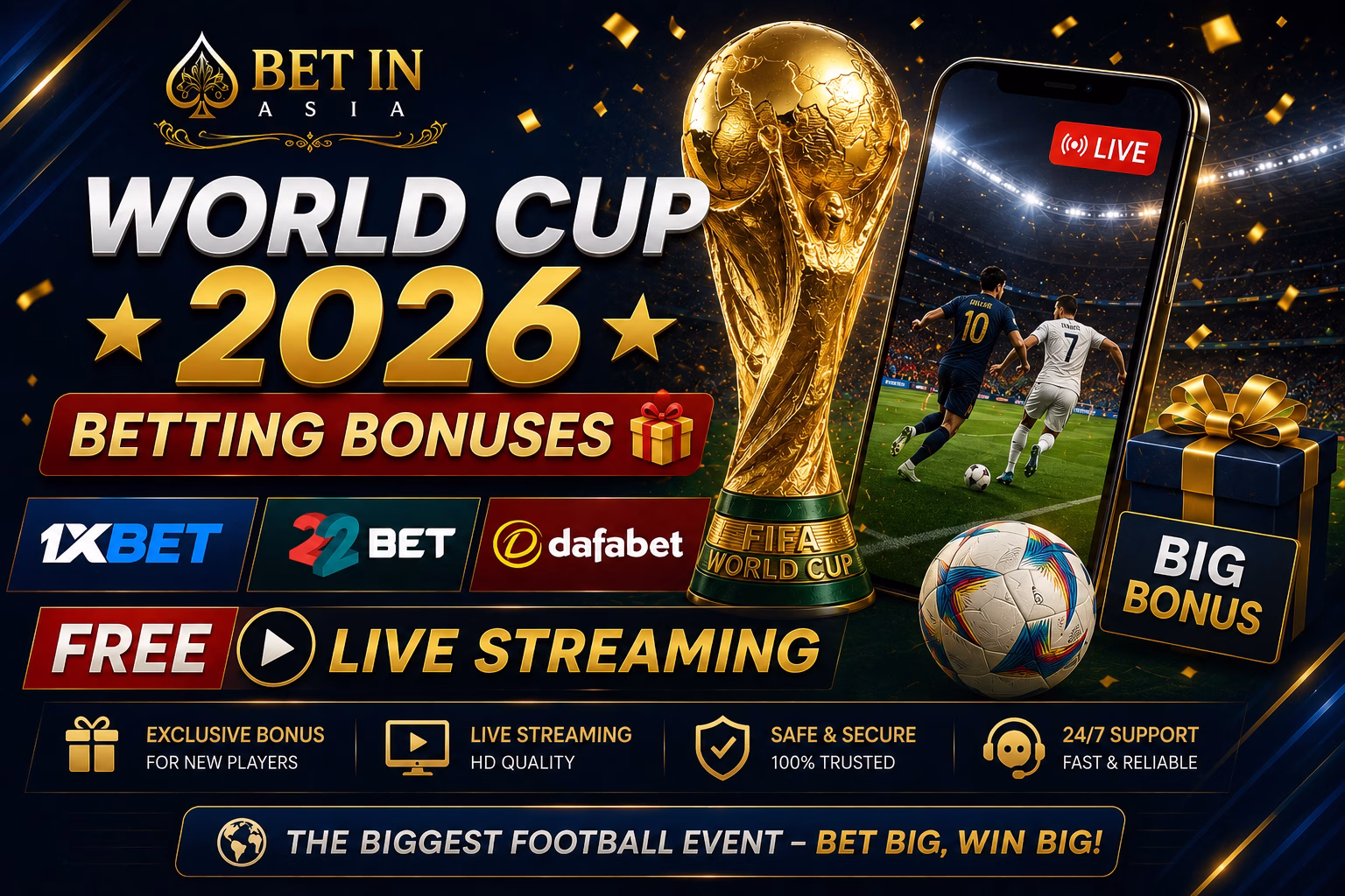 World Cup 2026 Betting Bonuses 1xBet, 22Bet, Dafabet + FREE Live Streaming