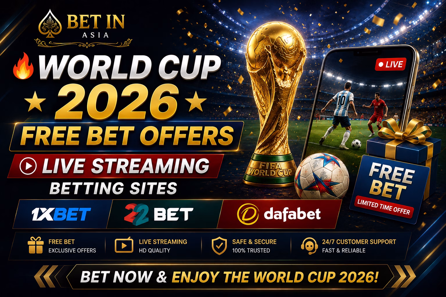 World Cup 2026 Free Bet Offers + Live Streaming Betting Sites (1xBet, 22Bet, Dafabet)